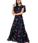 Women's Crepe Navy Blue Printed Maxi Dress