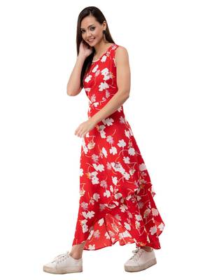 Women's Crepe Red Printed Maxi Dress 2