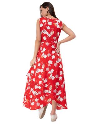 Women's Crepe Red Printed Maxi Dress 3