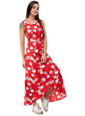 Women's Crepe Red Printed Maxi Dress 5