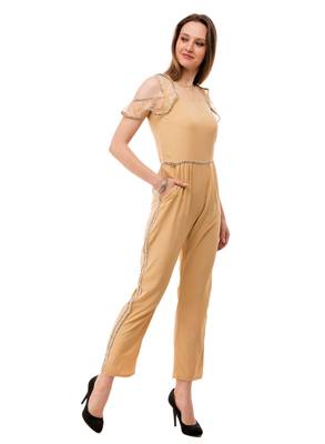 Women's Crepe Beige Full Leg Jumpsuit 2