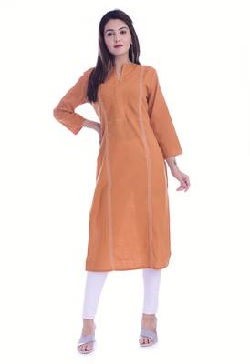 Mustard Color Cotton Slub Fabric Pintex Work Straight Kurti 1