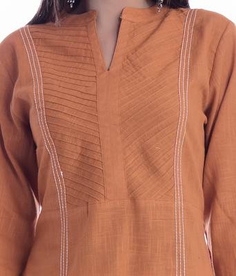 Mustard Color Cotton Slub Fabric Pintex Work Straight Kurti 4