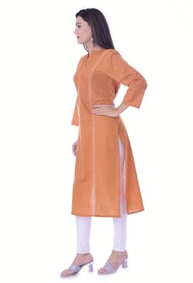 Mustard Color Cotton Slub Fabric Pintex Work Straight Kurti 5