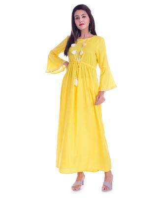 Yellow Color Rayon Fabric Anarkali Style Kurti With Pom Poms 1
