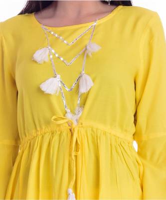 Yellow Color Rayon Fabric Anarkali Style Kurti With Pom Poms 4