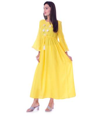 Yellow Color Rayon Fabric Anarkali Style Kurti With Pom Poms 5