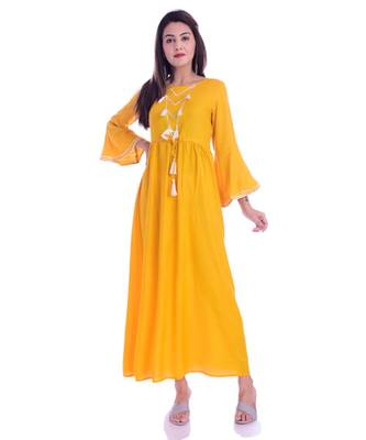 Mustard Color Rayon Fabric Anarkali Style Kurti With Pom Poms 1