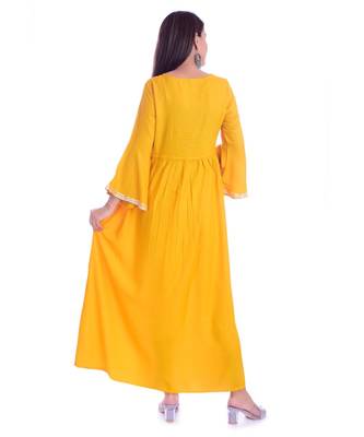 Mustard Color Rayon Fabric Anarkali Style Kurti With Pom Poms 2