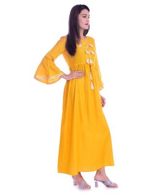 Mustard Color Rayon Fabric Anarkali Style Kurti With Pom Poms 3