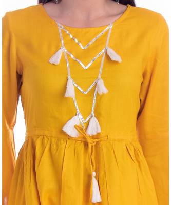 Mustard Color Rayon Fabric Anarkali Style Kurti With Pom Poms 4