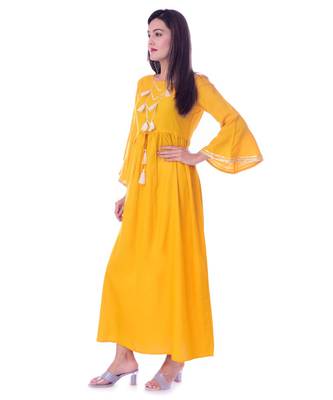 Mustard Color Rayon Fabric Anarkali Style Kurti With Pom Poms 5