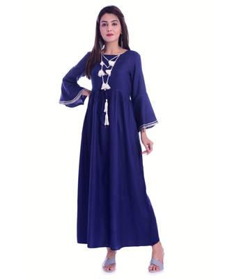 Navy Blue Color Rayon Fabric Anarkali Style Kurti With Pom Poms 1