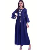 Navy Blue Color Rayon Fabric Anarkali Style Kurti With Pom Poms