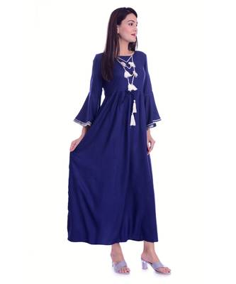 Navy Blue Color Rayon Fabric Anarkali Style Kurti With Pom Poms 2