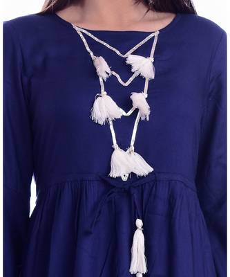 Navy Blue Color Rayon Fabric Anarkali Style Kurti With Pom Poms 3