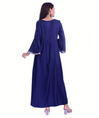 Navy Blue Color Rayon Fabric Anarkali Style Kurti With Pom Poms 4