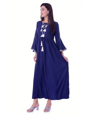 Navy Blue Color Rayon Fabric Anarkali Style Kurti With Pom Poms 5