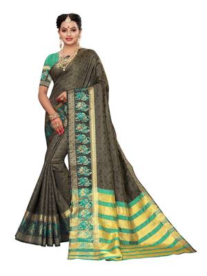 Olive Woven Poly Silk Saree With Blouse 1
