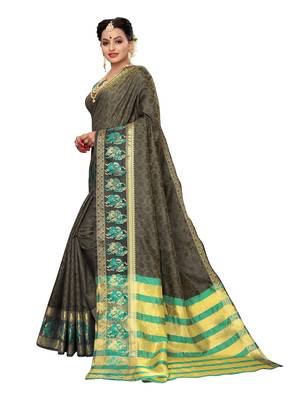 Olive Woven Poly Silk Saree With Blouse 2