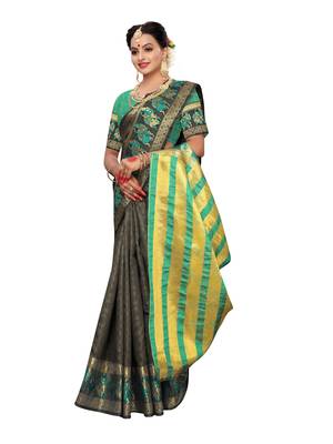 Olive Woven Poly Silk Saree With Blouse 4