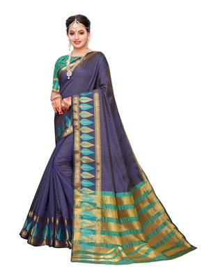 Navy Blue Woven Poly Silk Saree With Blouse 1