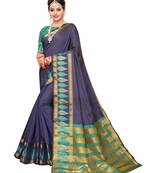 Navy Blue Woven Poly Silk Saree With Blouse