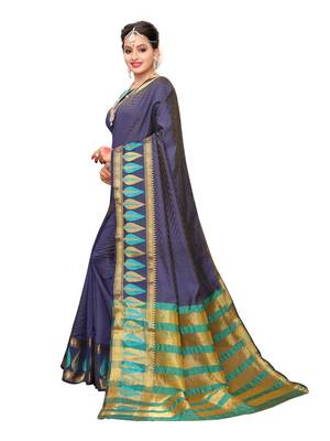 Navy Blue Woven Poly Silk Saree With Blouse 2