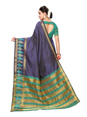 Navy Blue Woven Poly Silk Saree With Blouse 3