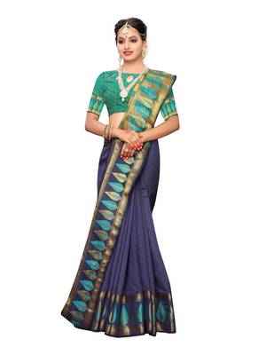 Navy Blue Woven Poly Silk Saree With Blouse 4