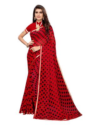 Red Printed Chiffon Saree With Blouse 1