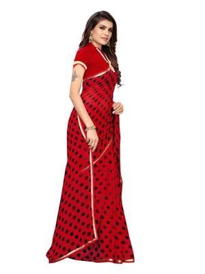 Red Printed Chiffon Saree With Blouse 3