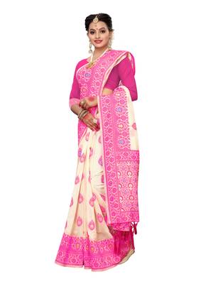 Off White Woven Cotton Silk Saree With Blouse 4