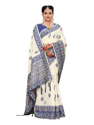 Off White Woven Cotton Silk Saree With Blouse 4