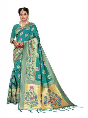 Turquoise Woven art silk  Saree With Blouse 1
