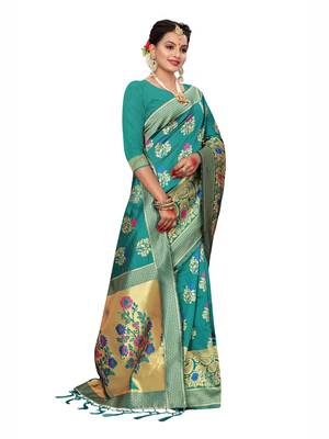 Turquoise Woven art silk  Saree With Blouse 4