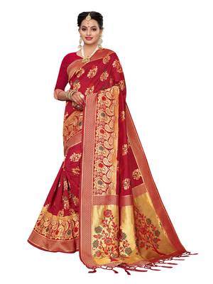Red Woven Poly Silk Saree With Blouse 1