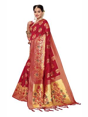 Red Woven Poly Silk Saree With Blouse 2