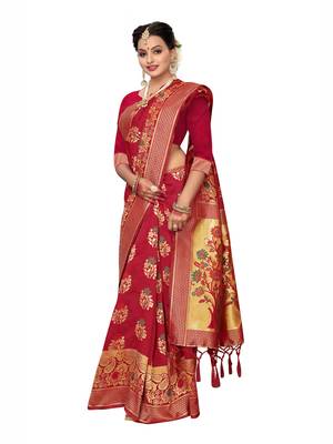 Red Woven Poly Silk Saree With Blouse 4