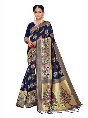 Navy Blue Woven Poly Silk Saree With Blouse 1