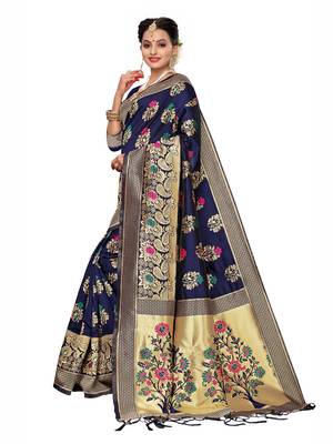 Navy Blue Woven Poly Silk Saree With Blouse 2