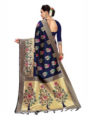Navy Blue Woven Poly Silk Saree With Blouse 3