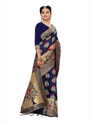 Navy Blue Woven Poly Silk Saree With Blouse 4