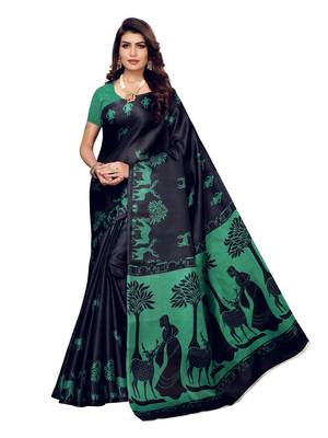 Navy Blue Printed Art Silk Saree With Blouse 1