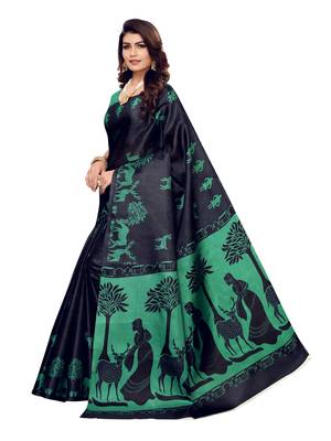 Navy Blue Printed Art Silk Saree With Blouse 2