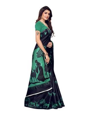 Navy Blue Printed Art Silk Saree With Blouse 3