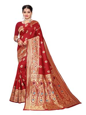 Red Woven Poly Silk Saree With Blouse 1