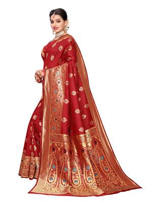 Red Woven Poly Silk Saree With Blouse 2