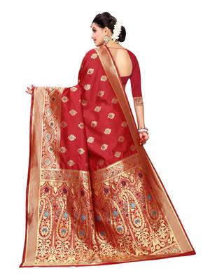 Red Woven Poly Silk Saree With Blouse 3