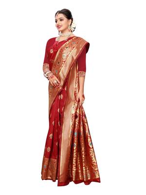 Red Woven Poly Silk Saree With Blouse 4